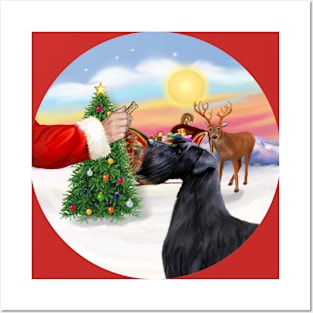 Santa Offers His Giant black Schnauzer a Treat Posters and Art